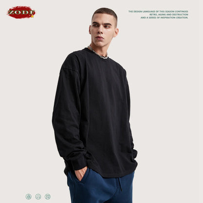 ZODF Retro Autumn Full Sleeve Washed 100% Cotton T-Shirts For Men Unisex Solid Casual Loose 310gsm Tee Brand Tops HY0405