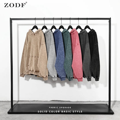 ZODF Autumn Winter Men 420gsm Heavyweight Washed Cotton Hoodie Streetwear Sweatshirt HY0307