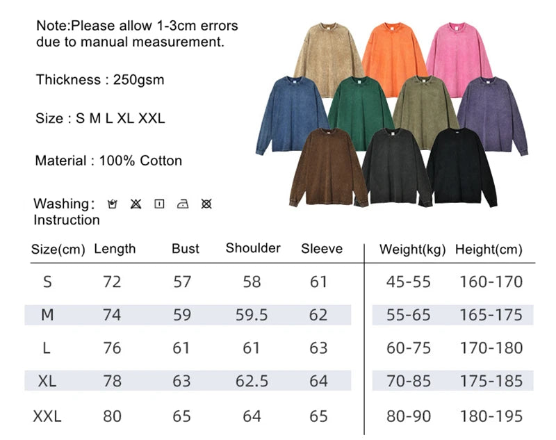 ZODF Retro Men Long Sleeve Washed Cotton T Shirt Unisex Loose 250gsm Basic Atumn TEES Tops Brand Streetwears HY0394