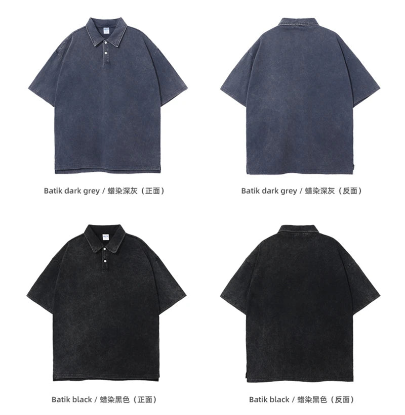 ZODF Summer Men Batik Washed 275gsm Cotton T Shirt Unisex Retro Turn Down Collar Short Sleeve T-shirts Tees HY0533