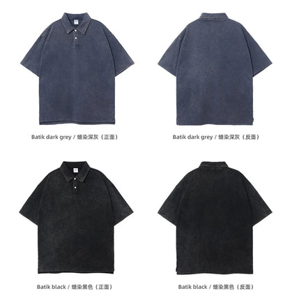 ZODF Summer Men Batik Washed 275gsm Cotton T Shirt Unisex Retro Turn Down Collar Short Sleeve T-shirts Tees HY0533