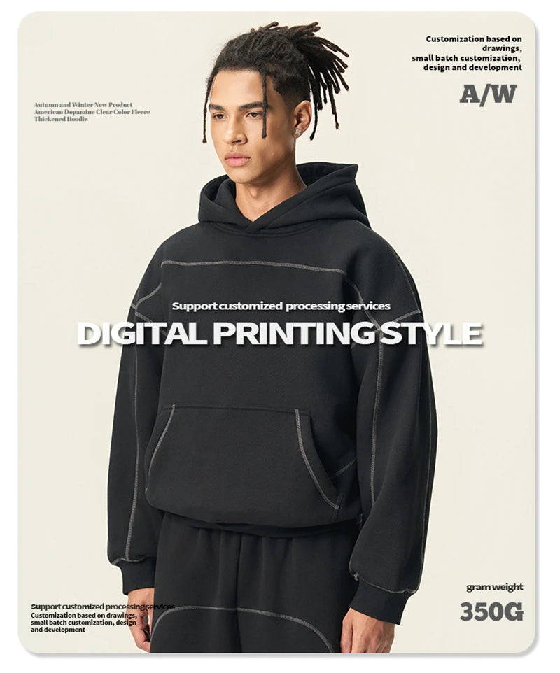 ZODF Trendy Men 350gsm Fleece Loose Boxy Fit Hooded Hoodie Unisex Hip Hop Solid Warm Pullovers Coat For Winter HY0032