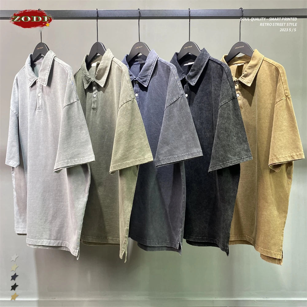 ZODF Summer Men Batik Washed 275gsm Cotton T Shirt Unisex Retro Turn Down Collar Short Sleeve T-shirts Tees HY0533