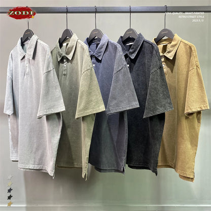 ZODF Summer Men Batik Washed 275gsm Cotton T Shirt Unisex Retro Turn Down Collar Short Sleeve T-shirts Tees HY0533