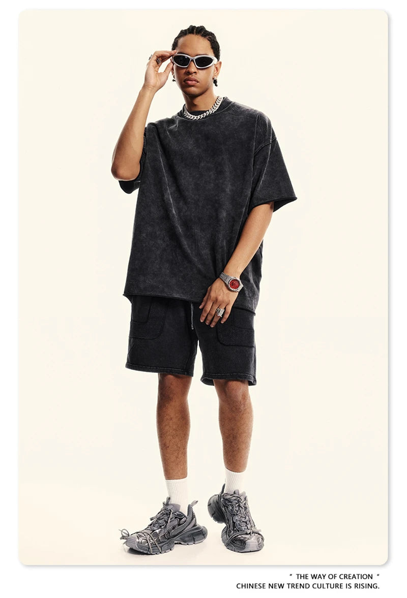 ZODF Retro 2024 Summer Men Washed Cotton T-Shirts  Unisex Women 310gsm Distressed Hem Loose Edge T Shirt Brand Tees HY0808