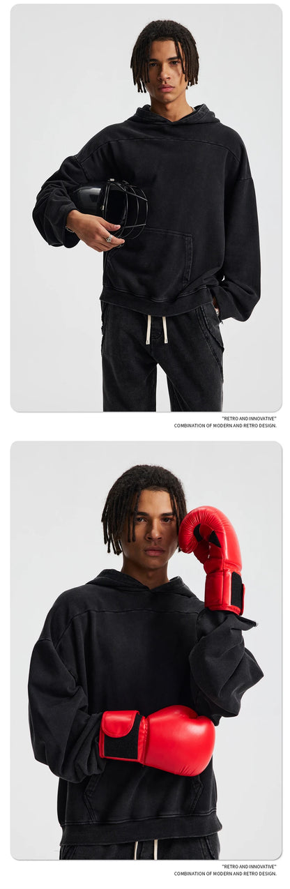 ZODF Fashion Heavy Weight 430gsm Washed Hoodie For Men Unisex Loose Edge Patchwork Distressed Hooded Pullovers Coat HY1098