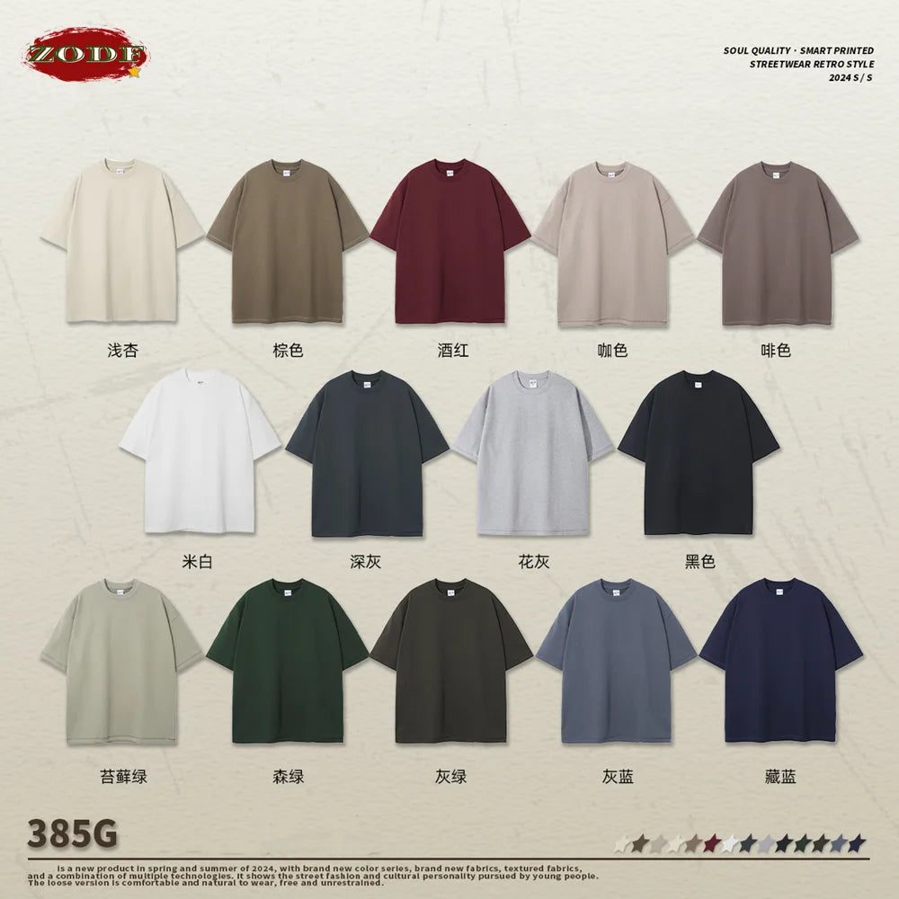 ZODF New 2025 Heavy Weight Summer Solid T Shirts For Men Unisex High Street Oversized 385gsm Cotton T-Shirt Streetwears HY0497