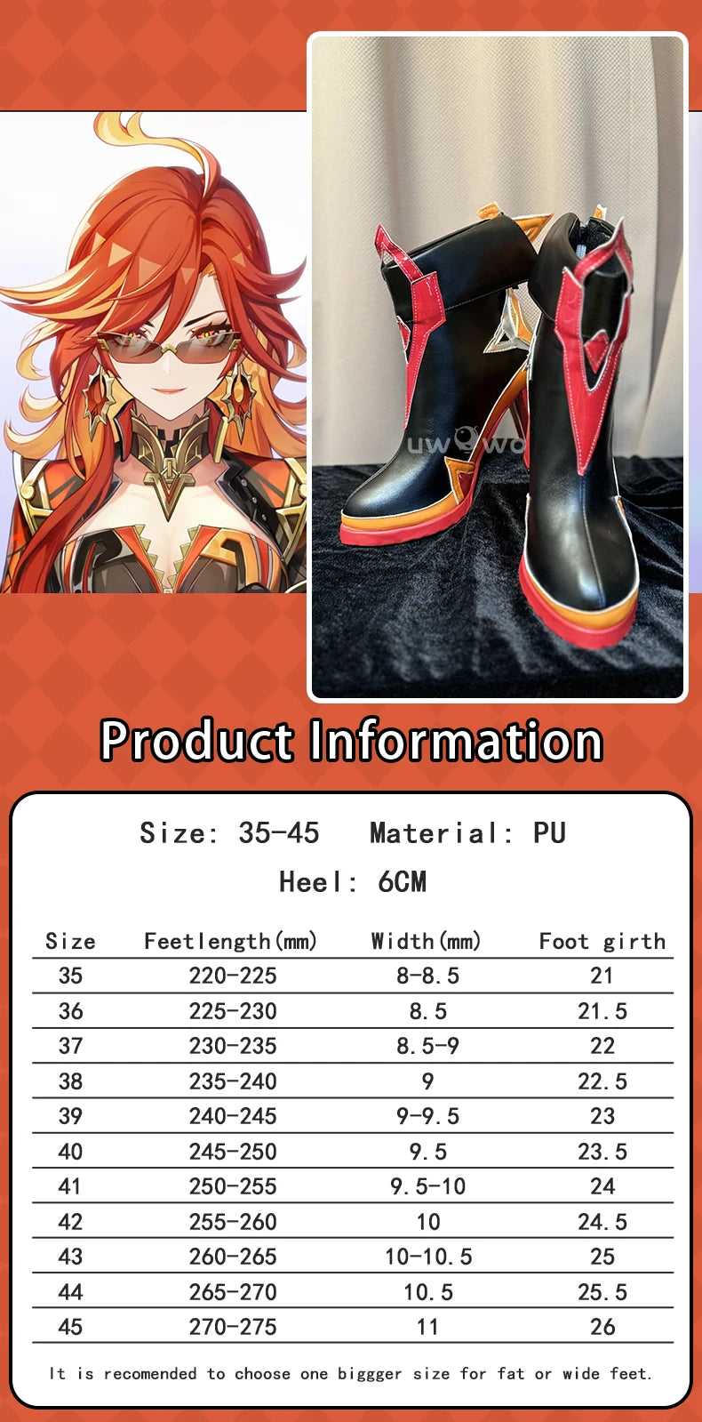 UWOWO Mavuika Shoes Game Genshin Impact Mavuika “Pyro Archon” Cosplay Shoes High Heel Size 35-45