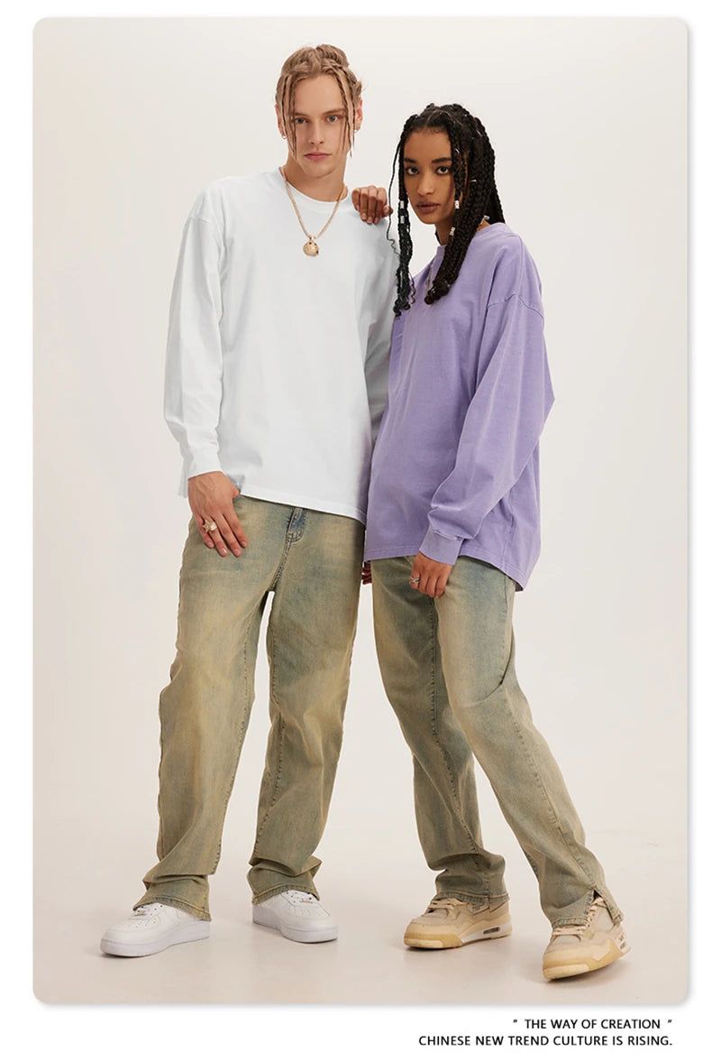 ZODF New Autumn Men's 260gsm 100% Cotton T Shirts Unisex Retro High Street Loose Washed Solid Tees Streetwears HY0376