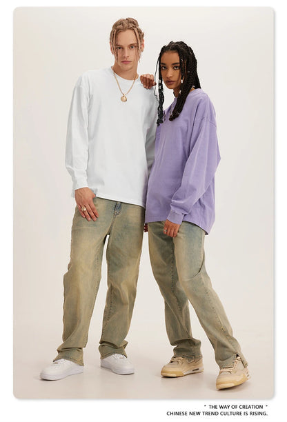 ZODF New Autumn Men's 260gsm 100% Cotton T Shirts Unisex Retro High Street Loose Washed Solid Tees Streetwears HY0376