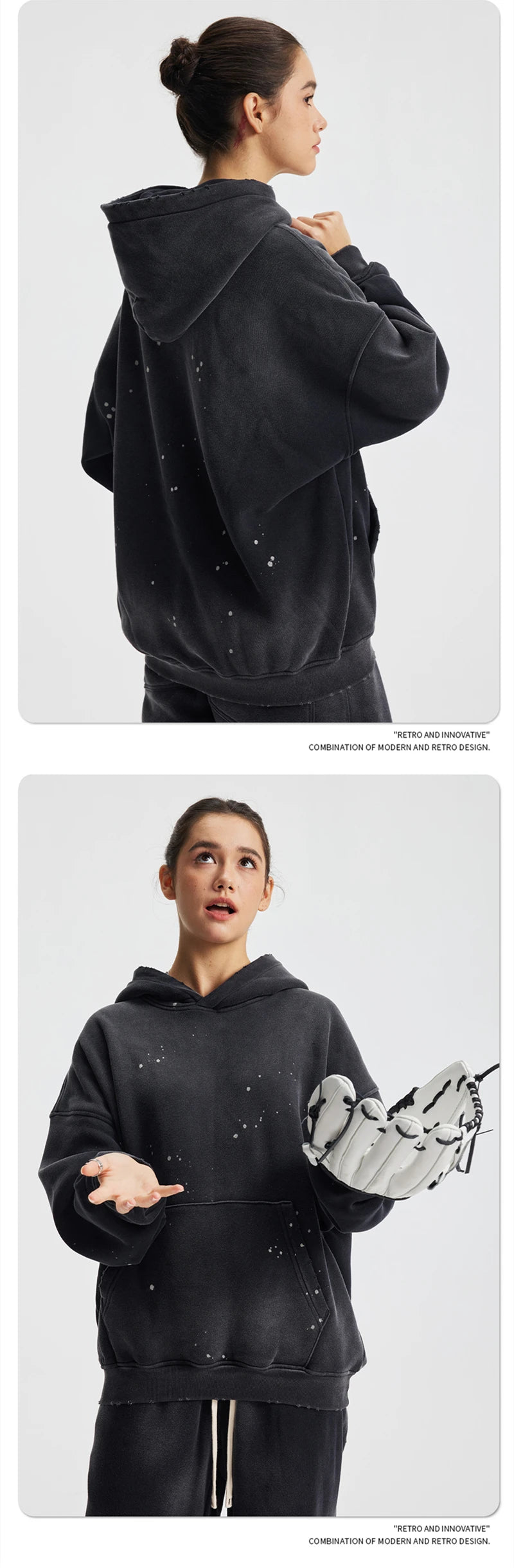 ZODF Trendy Men Washed 360gsm Fleece Hoodies Unisex Oversized Warm Paint Distressed Hooded Pullovers Winter Coat HY0947