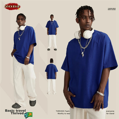 ZODF Trendy Summer 260gsm Cotton Oversized T Shirts For Men Unisex Male Kanye West High Street Solid Tees Brand Tops HY0122