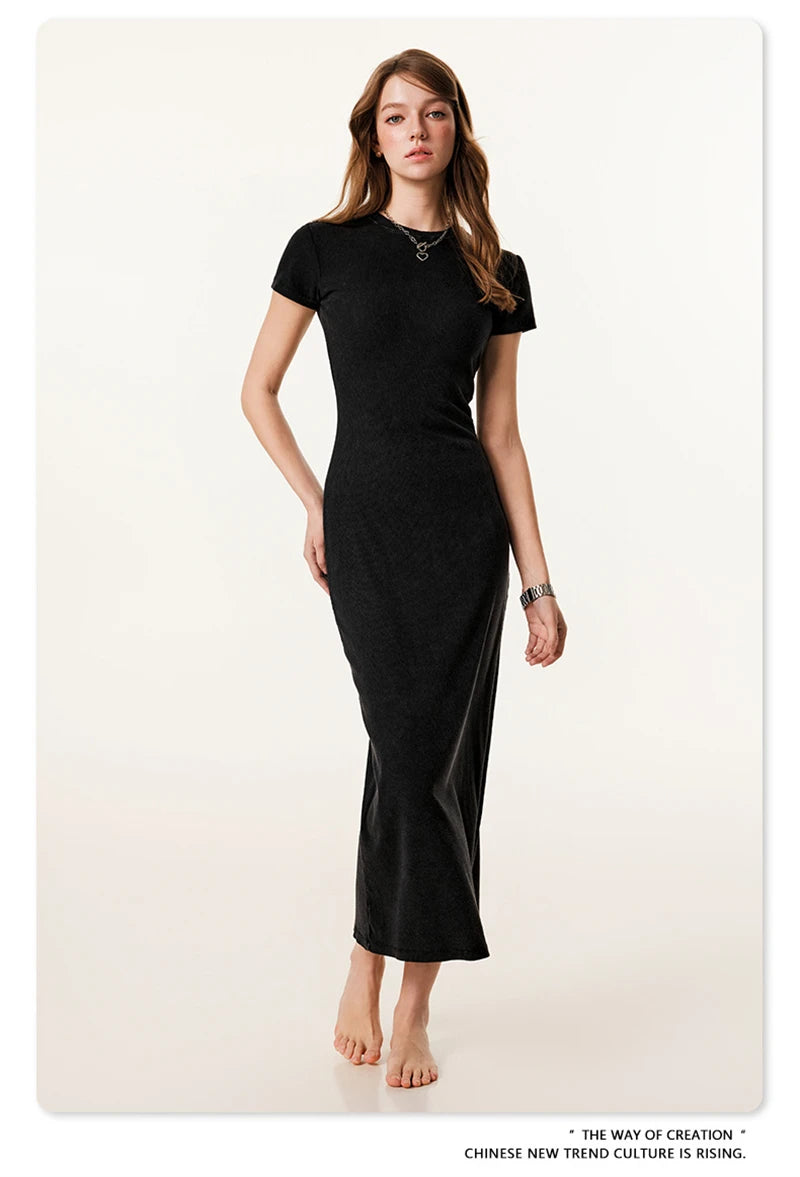 ZODF Sexy 2025 Spring Women 275gsm Long Dress Female Girls O Neck Washed Distressed Slim Slit Fit Dresses HY1008