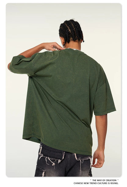 ZODF Vintage 2024 Summer Men Washed Solid 230gsm T-Shirts Unisex Ripped Breathable Quick Dry Cooling Feeling T Shirt Tees HY0801