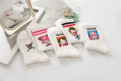 5Pair Anime One Piece Socks Cartoon Luffy Chopper Student Cotton White Long Short Boat Socks Printed Knitted Socks Children Gift