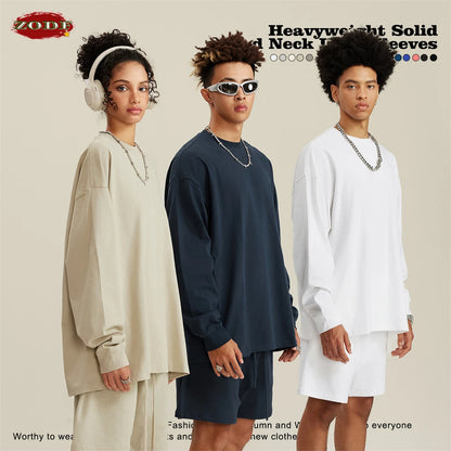 ZODF NEW Autumn Men's Solid Full Sleeve T Shirts Unisex Loose Oversized Casual 305GSM Cotton Basic T-Shirt Brand TEE HY0209