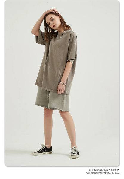 ZODF Men 2024 Retro Summer Washed Solid Cotton T-Shirts Unisex Retro Loose High Street 250gsm Basic Tees Streerwears HY0075