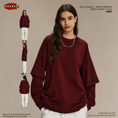 ZODF New 2024 Autumn Fake 2 Pieces T-Shirt For Men Unisex Loose Solid Long Sleeve O-Neck 305gsm Cotton T Shirt Brand Tops HY0944