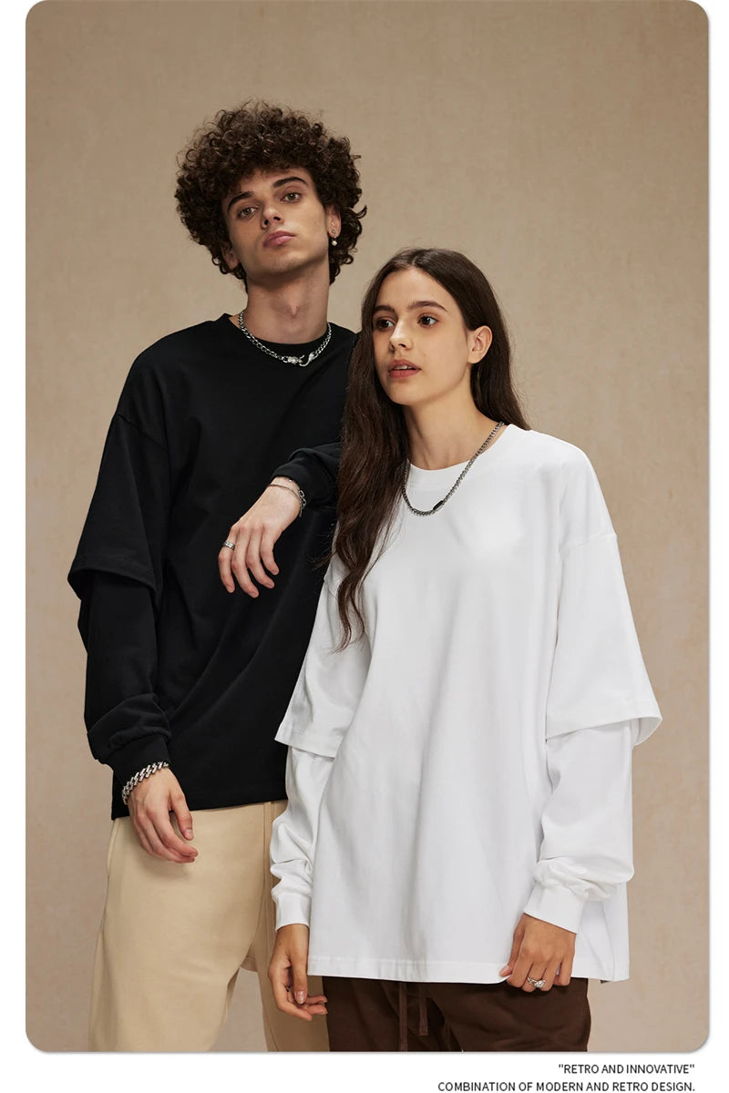 ZODF Fashion Spring Autumn Men 100% Cotton T-Shirt Unisex Fake 2-Piece 305gsm Solid Full Sleeve O Neck T Shirt Brand Tees HY0925