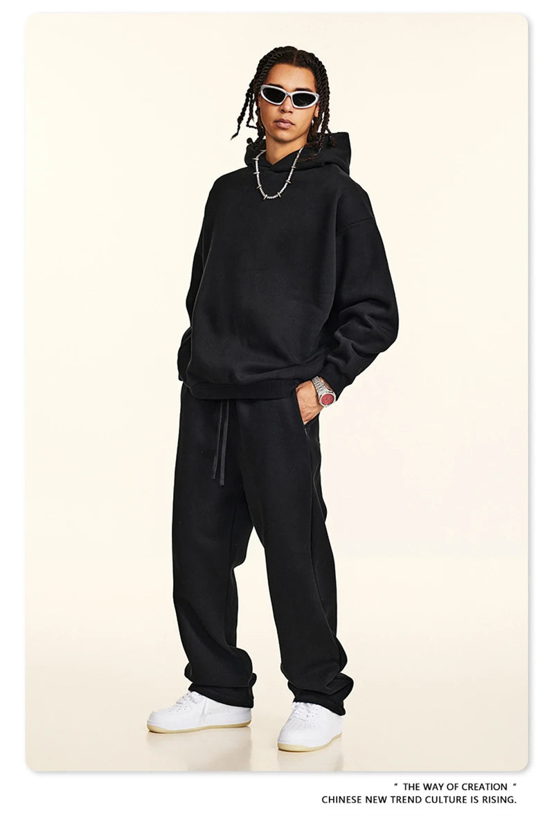 ZODF New Winter Men Solid Fleece Hoodies Unisex Women 345gsm Loose Warm Side Zipper Pocket Hooded Pullovers Brand Clothes HY0867