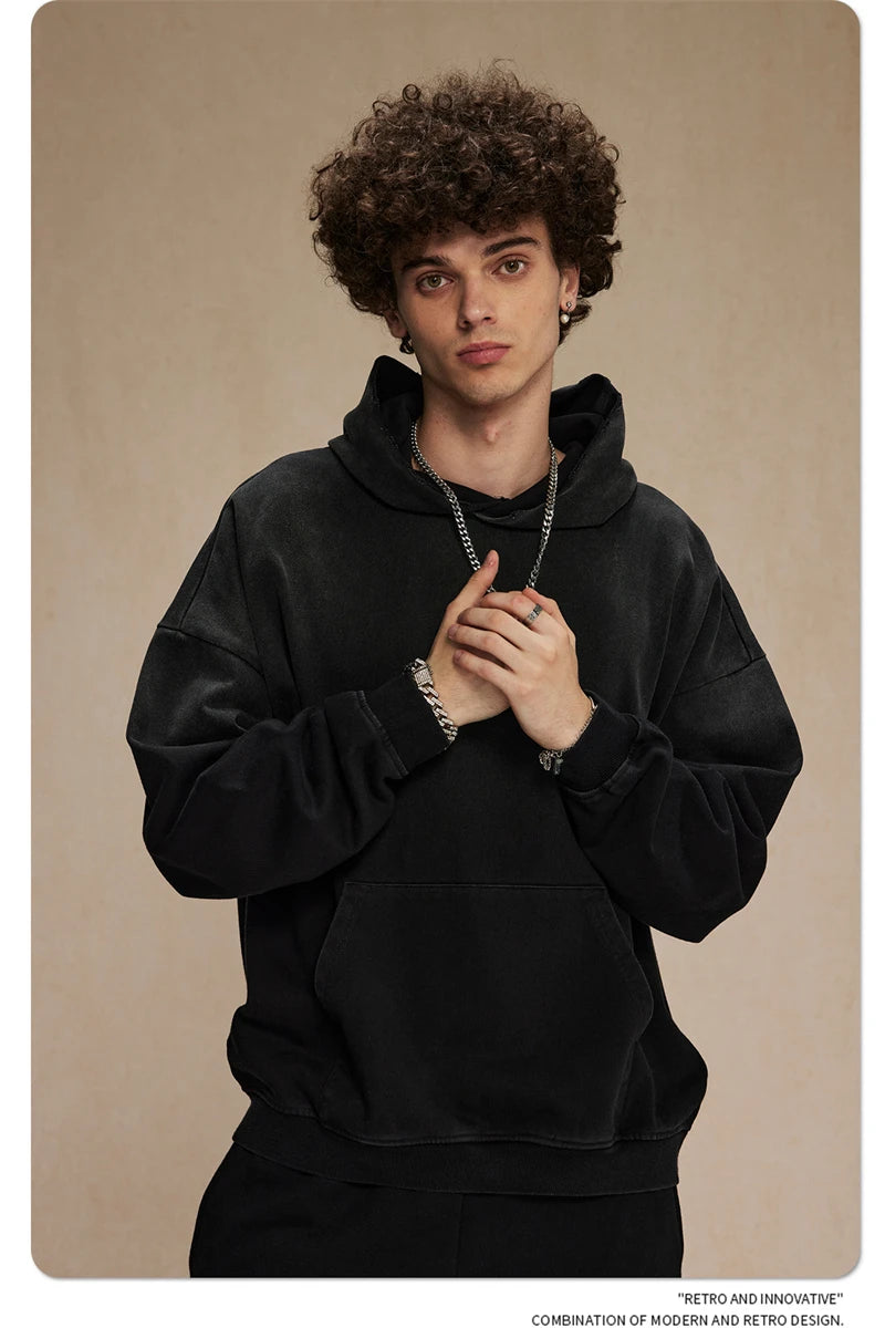 ZODF Retro Men's Heavyweight Gradient Washed Hoodies Unisex Loose Distressed Holes 450gsm Knitted Hooded Pullovers HY0891