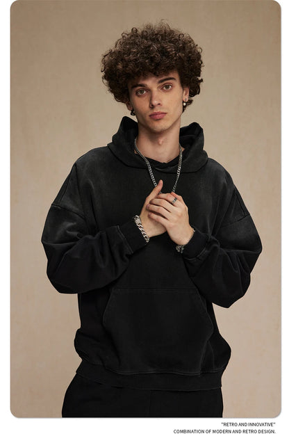 ZODF Retro Men's Heavyweight Gradient Washed Hoodies Unisex Loose Distressed Holes 450gsm Knitted Hooded Pullovers HY0891