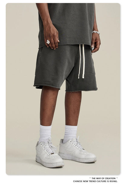 ZODF New Summer Men Retro Washed Shorts Unisex Drawstring Loose Edge 420gsm Solid Knee Length Cotton Pants Streetwears HY0589