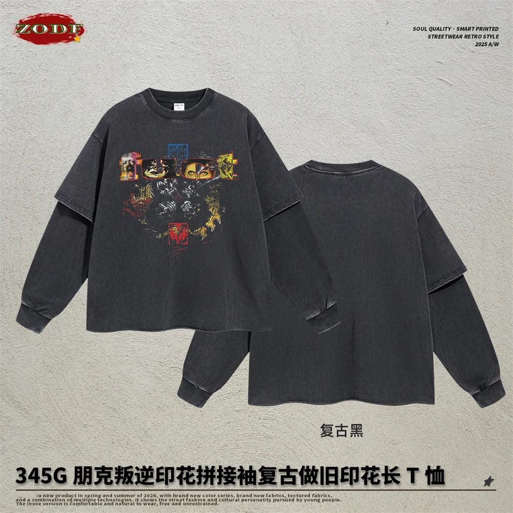 ZODF Retro 2025 Autumn Men 345gsm Washed Full Sleeve T-Shirts Unisex Heavy Weight Punk Style Printing Cotton T Shirt HY0012