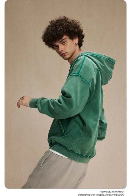 ZODF Retro Men's Heavyweight 450gsm Zipper Hoodies Unisex Loose Distressed Washed Batik Knitted Hooded Coat Jacket HY0889