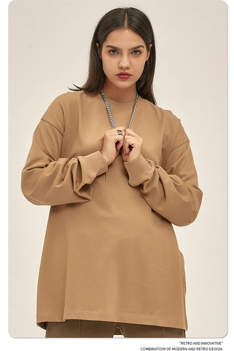 ZODF New 2025 Autumn Men 305gsm 100% Cotton T Shirt Unisex Loose Heavy Weight Basic Long Sleeve Solid T-Shirts Tops HY0634