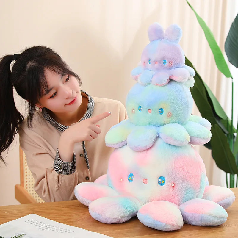 Kawaii Plush Flip Rainbow Cosplay Bunny Octopus Plush Toy Double Side Reversable Rabbit Plushie Peluche Doll  Cuddly Doll