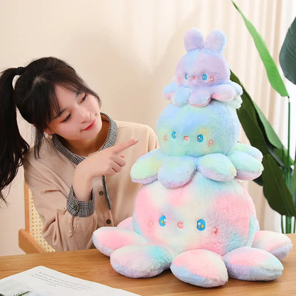 Kawaii Plush Flip Rainbow Cosplay Bunny Octopus Plush Toy Double Side Reversable Rabbit Plushie Peluche Doll  Cuddly Doll