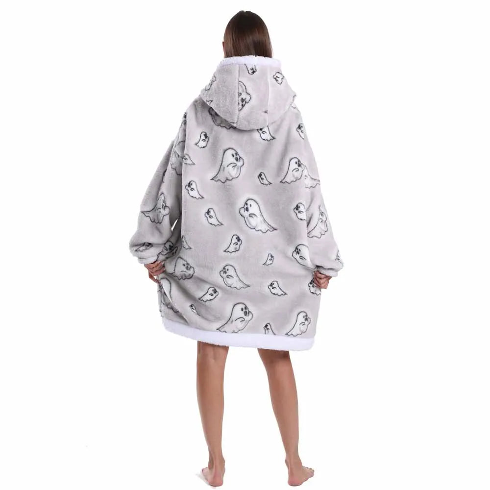 Oversized Hoodie Blanket for Adults Leopard Red Blue Black Fluffy TV Blanket Warm Thick Man Woman Winter Halloween Christmas Pjs