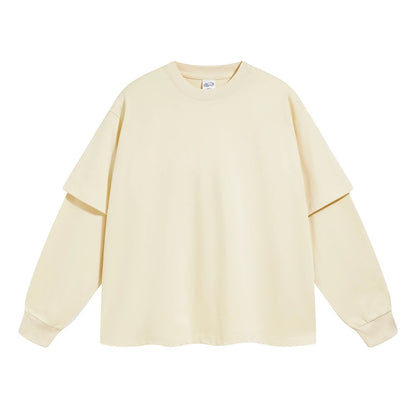 ZODF Fashion Spring Autumn Men 100% Cotton T-Shirt Unisex Fake 2-Piece 305gsm Solid Full Sleeve O Neck T Shirt Brand Tees HY0925