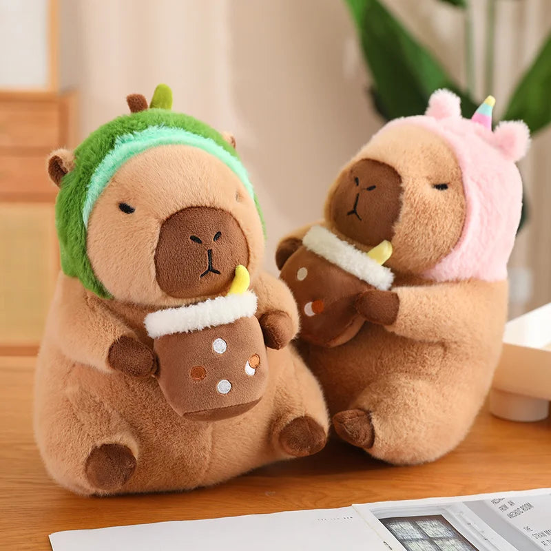 Cute Stuffed Capybara Plush Toy Holding Boba Tea Flower Capybara Plushies Cosplay Bread Dino Avocado Lovely Teddy Girl Gift