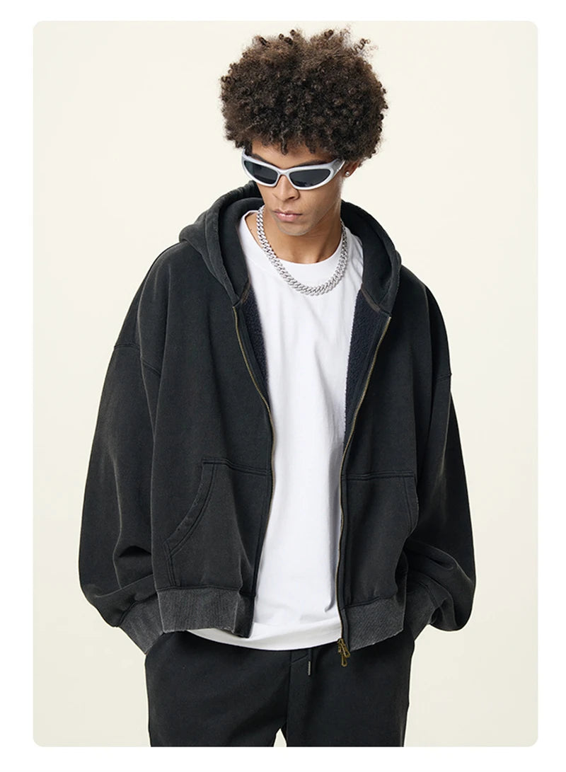 ZODF Retro Winter 350gsm Washed Zipper Fleece Hoodies For Men Unisex Loose Fit Boxy Style Thick Warm Hooded Coat Outfits HY0042