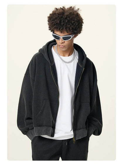 ZODF Retro Winter 350gsm Washed Zipper Fleece Hoodies For Men Unisex Loose Fit Boxy Style Thick Warm Hooded Coat Outfits HY0042