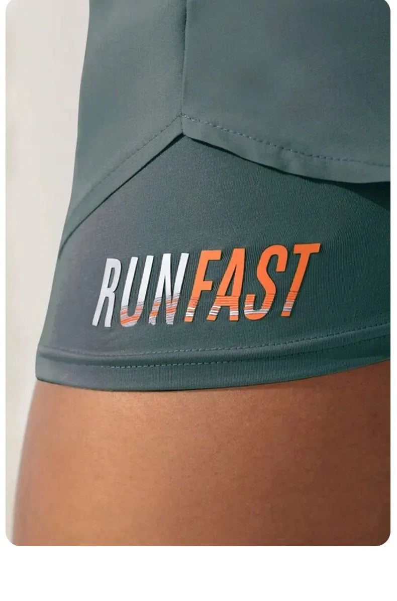 Women’s High Rise Elastic Waist Yoga Shorts with Fake Two-Piece Design for Running