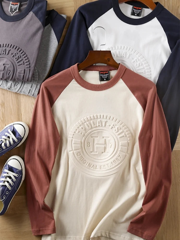 Summer New American Retro Long-sleeved O-neck 3D Letter Printed T-shirt Men's Fashion Simple 100%Cotton Washed Casual Sport Tops