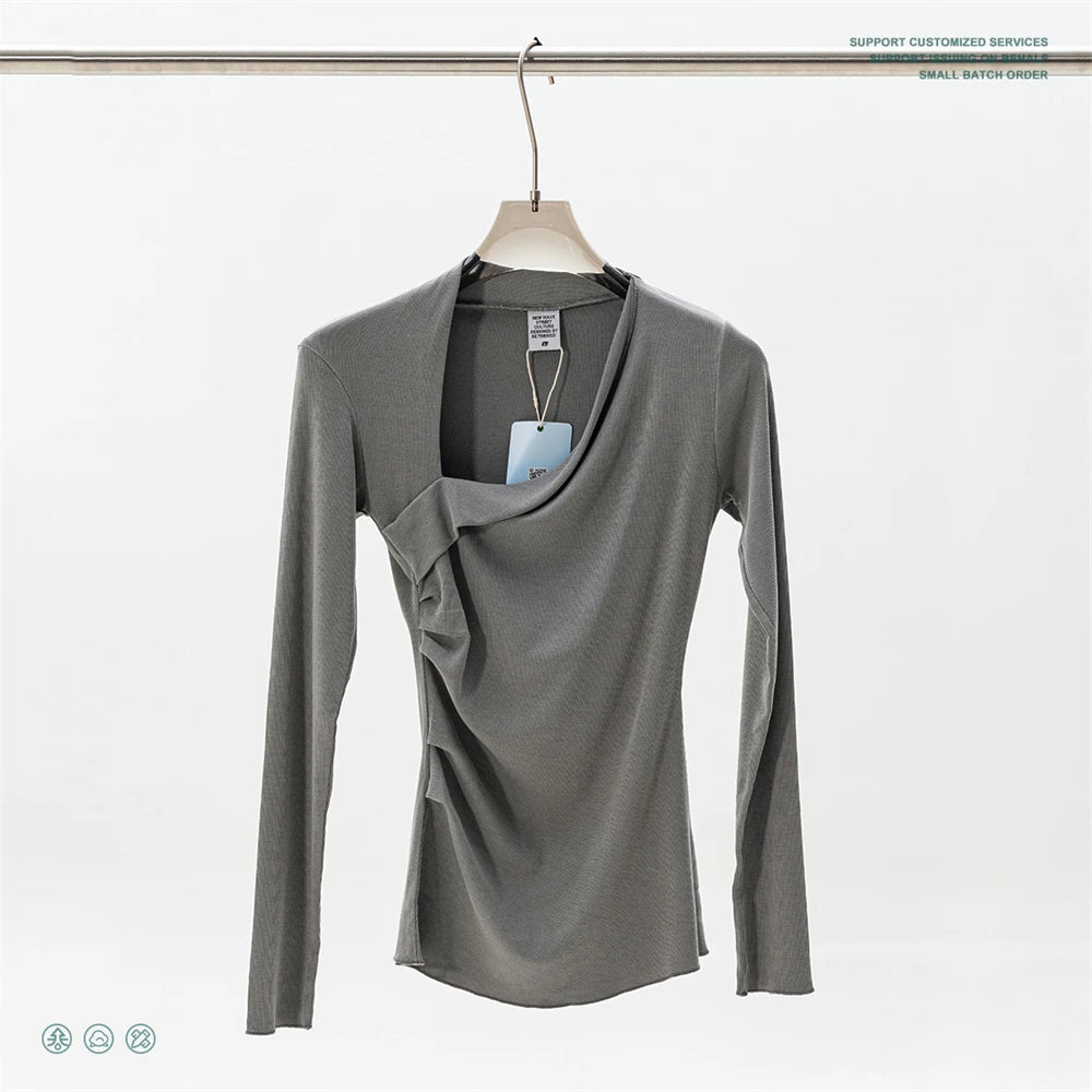 ZODF Retro Sexy Women Autumn Washed 275gsm T Shirt Ladies Girls Distressed Side Pleated Full Sleeve T-Shirts Tees HY1107