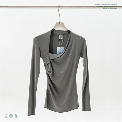 ZODF Retro Sexy Women Autumn Washed 275gsm T Shirt Ladies Girls Distressed Side Pleated Full Sleeve T-Shirts Tees HY1107