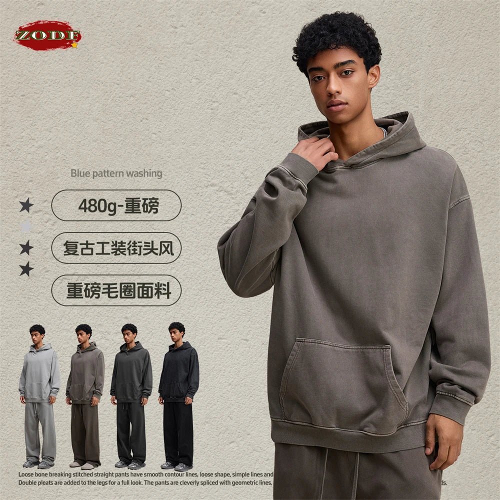 ZODF Retro Heavy Weight 480gsm Cotton Hoodies For Man Unisex Oversized Washed Distressed Hooded Pullovers Brand Coats HY1115