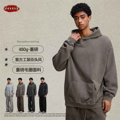 ZODF Retro Heavy Weight 480gsm Cotton Hoodies For Man Unisex Oversized Washed Distressed Hooded Pullovers Brand Coats HY1115