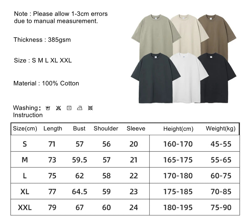 ZODF New 2025 Heavy Weight Summer Solid T Shirts For Men Unisex High Street Oversized 385gsm Cotton T-Shirt Streetwears HY0497
