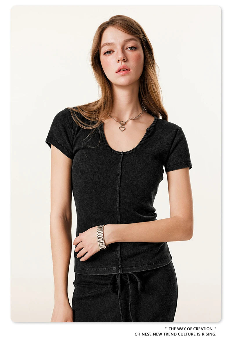 ZODF Women Retro 2025 Summer 275gsm U Collar Washed T-Shirts Hotsweet Girls Sexy Slim Fit T Shirt Brand Tees HY0992