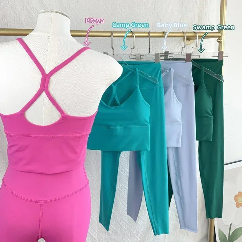 2 Piece Yoga Set Sportswear Fitness Suit with Sexy Cross Back Top and High Waist Elastic Leggings for Running Workout