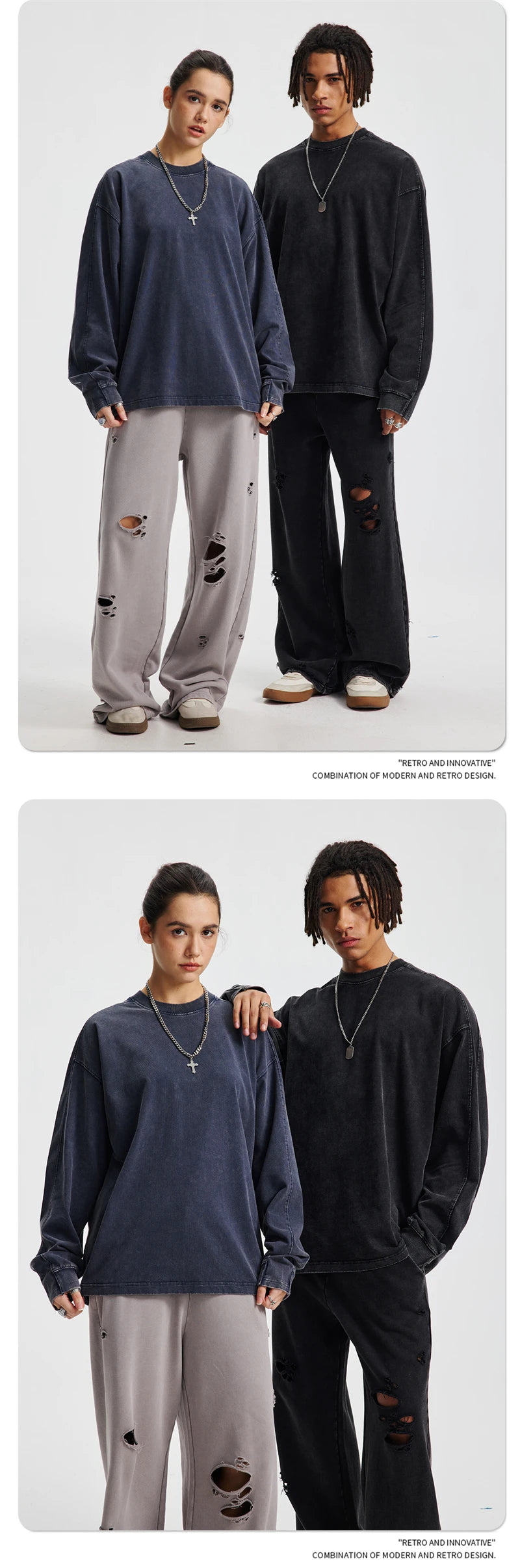 ZODF Retro 285gsm Batik Washed Cotton Man's T-Shirts Unisex Solid Loose Distressed Patchwork Full Sleeve Tee Shirt Tops HY1161