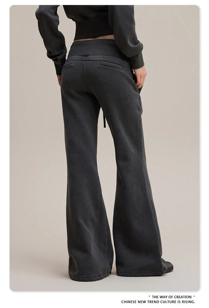 ZODF Retro Winter Women 400gsm Fleece Flared Pants Casual Girls Female Slim Fit Warm Washed Distressed Trousers HY1142