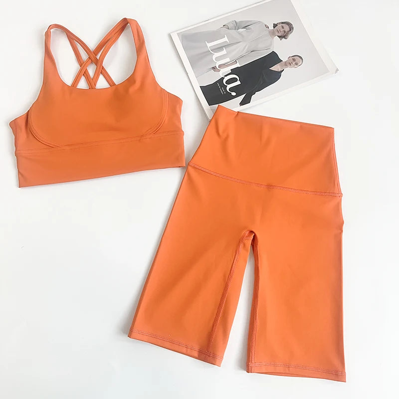 2 Pieces Yoga Shorts Gym Sports Sets Women Fitness Suits Cross Back Bra Top High Waist Shorts Running Workout Clothes Tracksuit