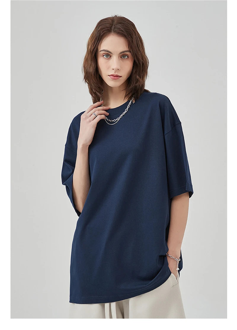 ZODF New Summer Men 275gsm Cotton T Shirts Unisex Women High Street Oversized FG Noshrink Solid T-Shirt Streetwears HY0152